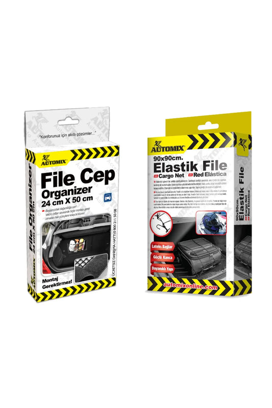 File Cep Organizer + 90x90 cm Elastik Bagaj Filesi | Araç İçi ve Bagaj Düzeni İkili Set